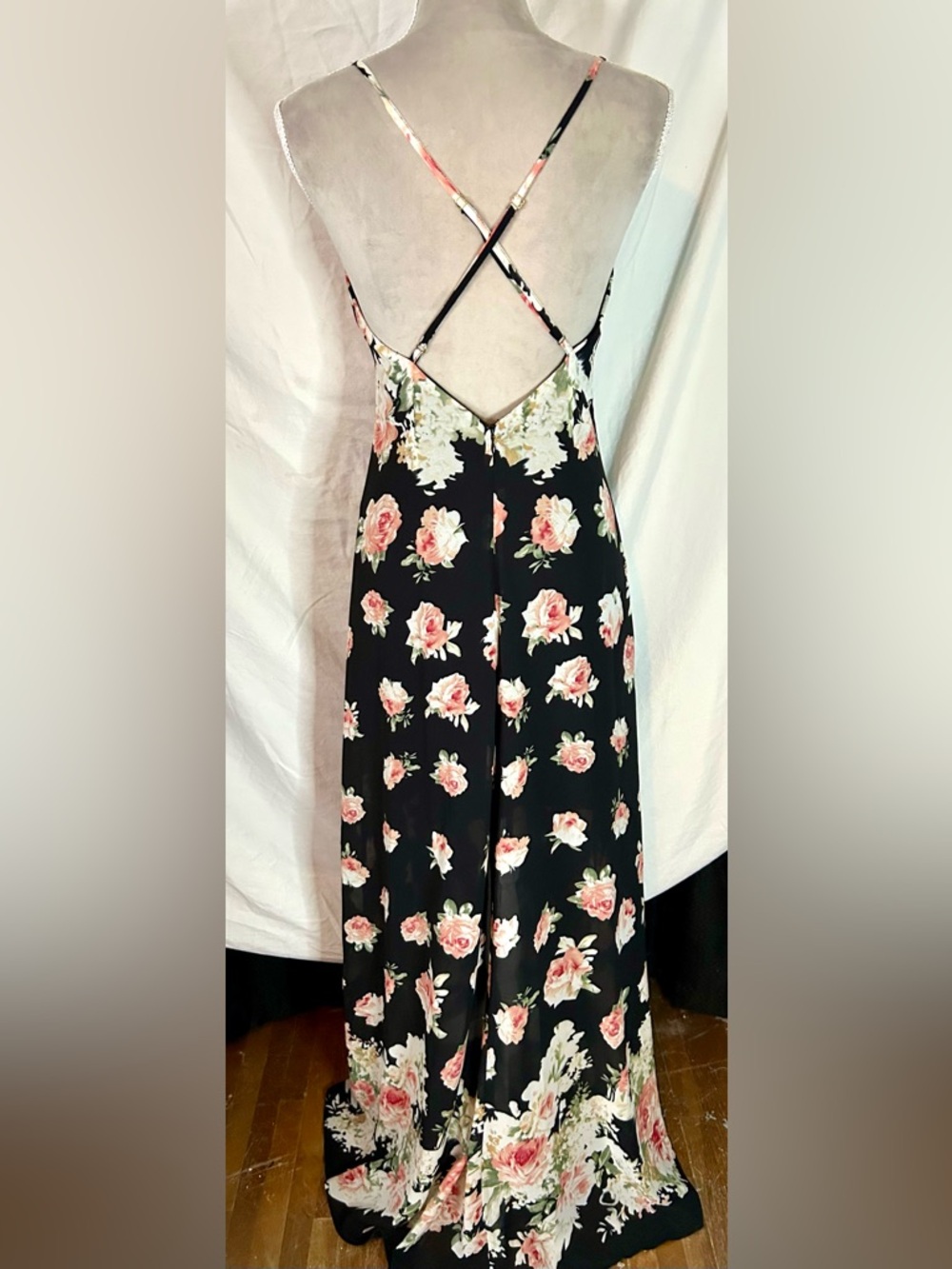 Lulus Black, Light Pink Floral Cross-Back Sheer Overlay Maxi Dress, Size S - Picture 10 of 15